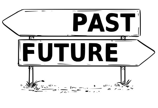 ilustrações de stock, clip art, desenhos animados e ícones de two arrow sign drawing of past or future decision - white background decisions contemplation choice