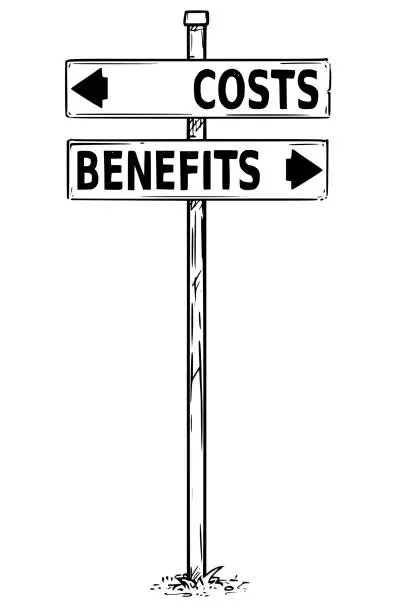 Vector illustration of Two Arrow Sign Drawing of Costs and Benefits Decision Arrows