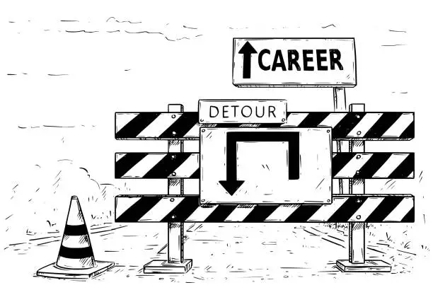 Vector illustration of Drawing of Detour Road Block with Career Sign