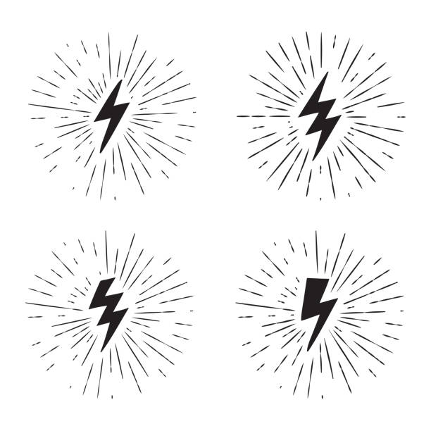 ilustrações de stock, clip art, desenhos animados e ícones de vector black and white grunge retro set with lightning bolt signs with sunburst effect. - contemporary style flash