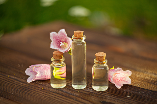 Essence Of Flowers On Table In Beautiful Glass Bottle Stock Photo -  Download Image Now - iStock