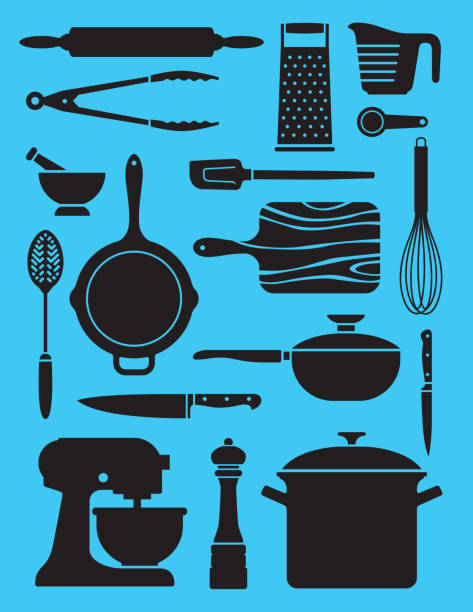 ilustraciones, imágenes clip art, dibujos animados e iconos de stock de conjunto de 17 ilustraciones de utensilios de cocina. - wire whisk symbol computer icon spatula