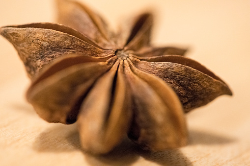 An isolated star anise on a wooden surface. This image contains warm tones and soft focus.