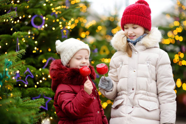 istock Two adorable little sisters eating red apples covered with sugar icing on traditional Christmas market 873075734