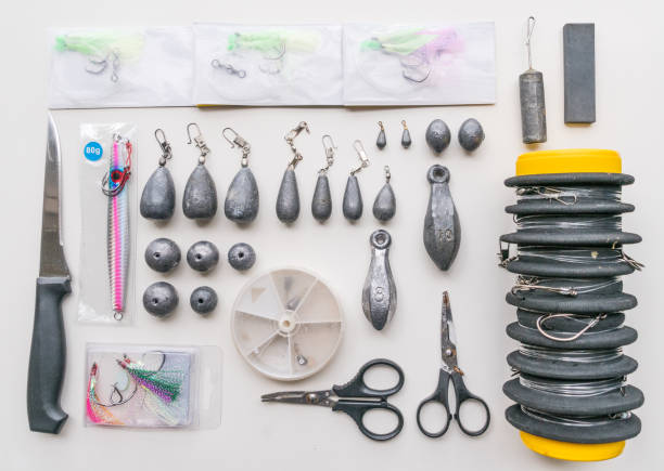 objets de knolled de pêche récréative - sinker photos et images de collection