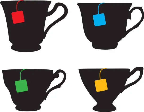 Vector illustration of Four Teacups With Teabags.