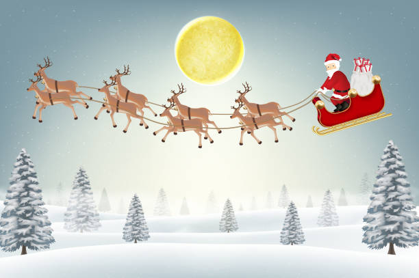istock santa claus with reindeer on winter forest hill 873088526
