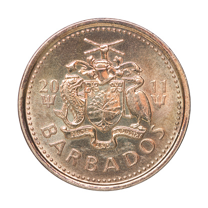 Barbados five cent with the image of the coat of arms isolated on a white background