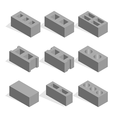 Set of different shapes cinder blocks, top view. Elements of the design of building materials. Flat 3d isometric style, vector illustration.