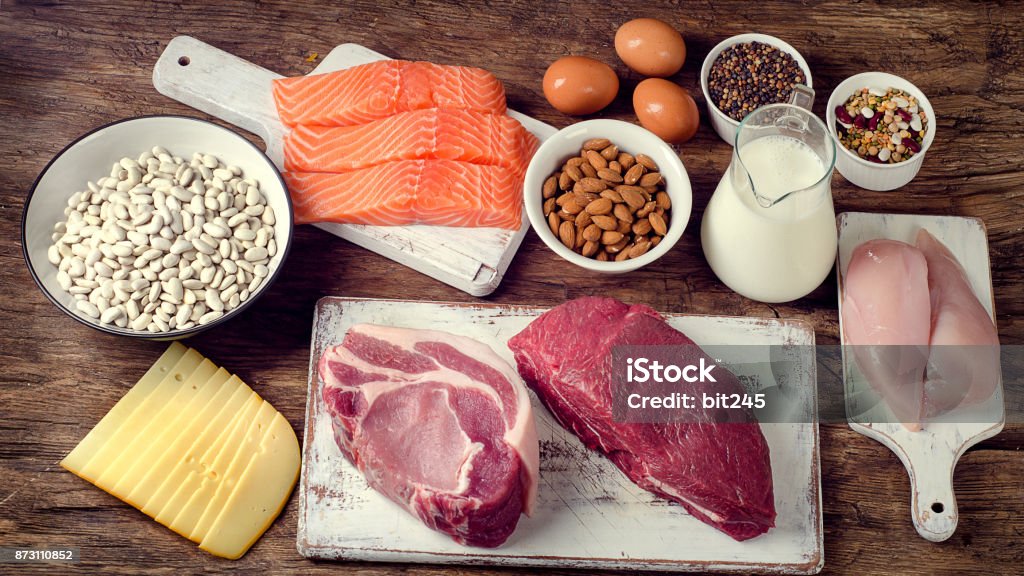 Protein Best Foods High in Protein. Healthy eating and diet concept Protein Stock Photo