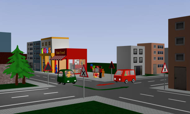 istock Intersection with right before left regulation with two colorful cars and directional arrows. 873110992