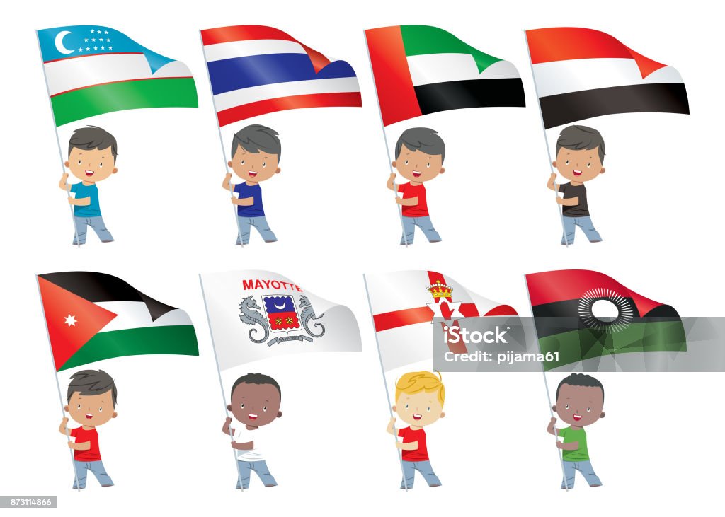 Los niños y banderas del mundo - arte vectorial de Bandera jordana libre de derechos