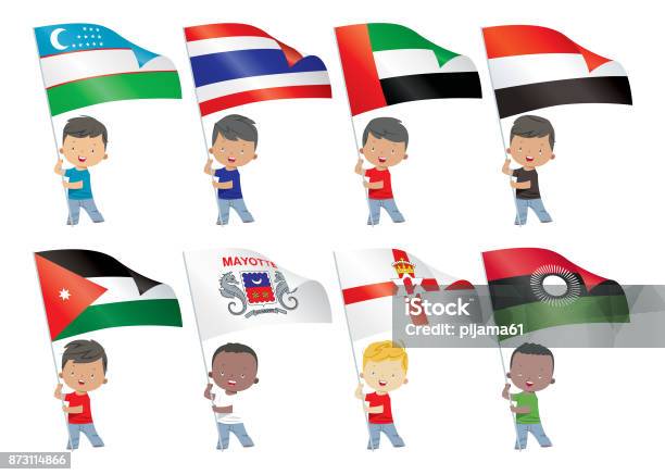 Ilustración de Los Niños Y Banderas Del Mundo y más Vectores Libres de Derechos de Bandera jordana - Bandera jordana, Malawi, Niño