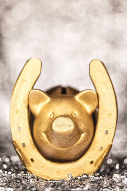 pig and horseshoe, signs of luck for a happy new year - horseshoe gold luck success imagens e fotografias de stock