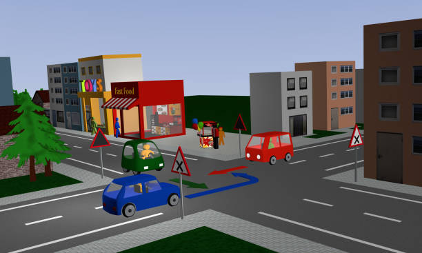 istock Intersection with right before left regulation with three colorful cars and directional arrows. 873118164