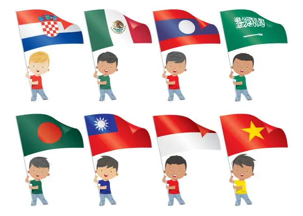 Vector illustration of World flags and children