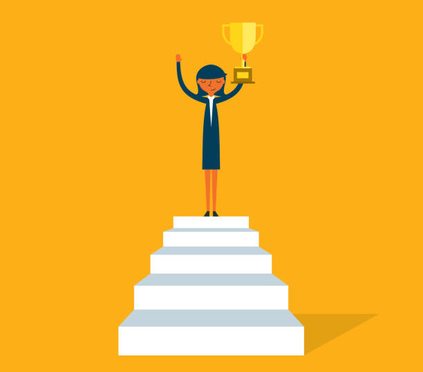 триумфальная бизнесвумен на ступеньках - businesswoman winning competition staircase stock illustrations