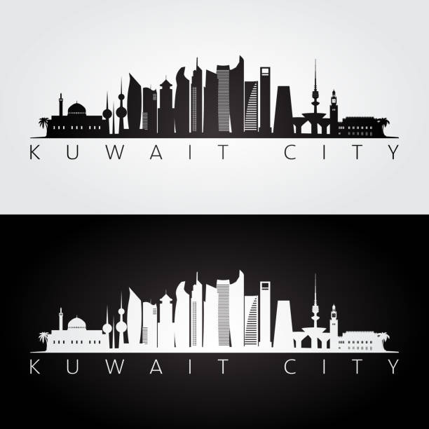 illustrations, cliparts, dessins animés et icônes de koweït ville skyline et repères silhouette, noir et blanc design, illustration vectorielle. - kuwait city