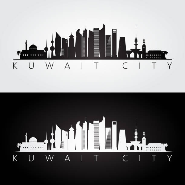 panorama kuwejtu i sylwetka zabytków, czarno-biały design, ilustracja wektorowa. - kuwait city stock illustrations