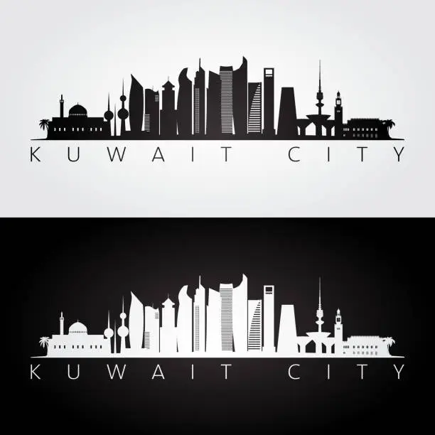 Vector illustration of Kuwait city skyline and landmarks silhouette, black and white design, vector illustration.