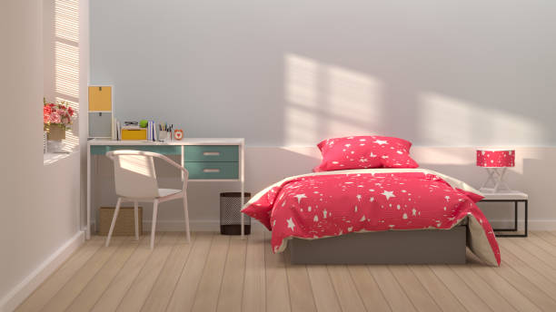 istock desktop clock and  fruit apple and pen on the table colorful  3D rendering decoration  in front of pink wall with sunlight beautiful picture in the bedroom 873131056