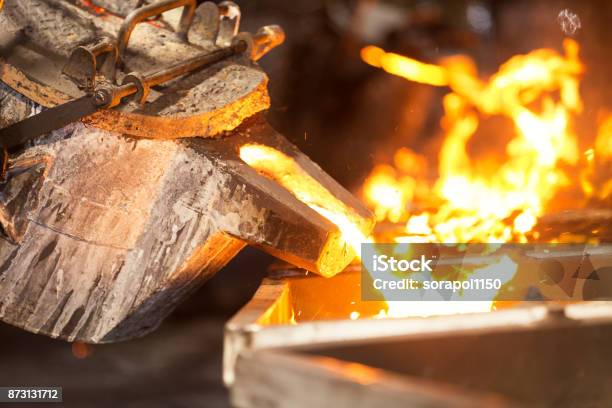 Perator Pouring Molten Metal In Automatic Casting Line In Foundry Factory Stock Photo - Download Image Now