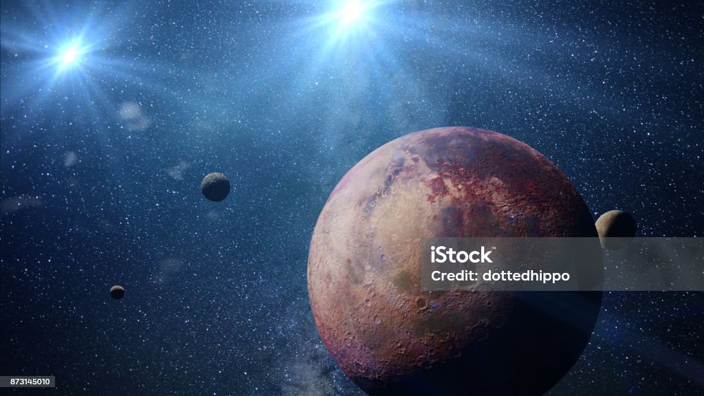 beautiful exoplanet with exo-moons orbiting an alien binary star system (3d space illustration, elements of this image are furnished by NASA) distant planet in a double star system Extrasolar Planet Stock Photo