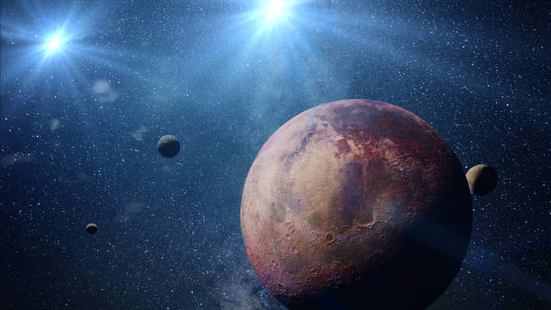 beautiful exoplanet with exo-moons orbiting an alien binary star system (3d space illustration, elements of this image are furnished by NASA) stock photo