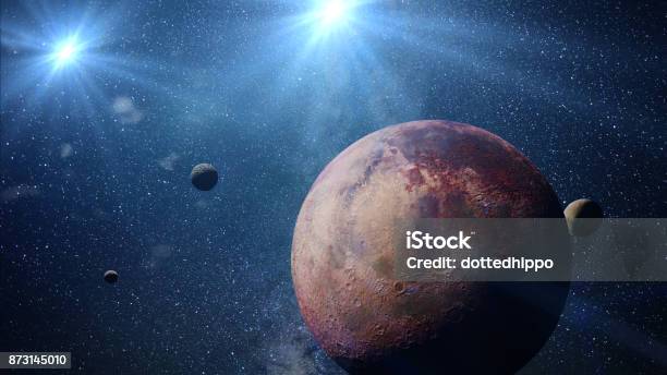 Beautiful Exoplanet With Exomoons Orbiting An Alien Binary Star System Stock Photo - Download Image Now