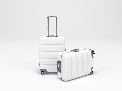 Two White Luggage mockup on light background, Suitcase, baggage, 3d rendering