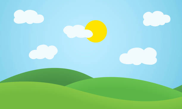 плоский дизайн травы пейзаж с холмами, облаками и светящимся солн цем под голубым небом - вектор - горизонтальный иллюстрации stock illustrations