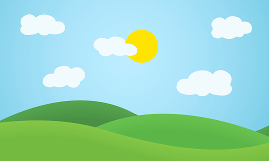 Flat design grass landscape with hills, clouds and glowing sun under blue sky - vector