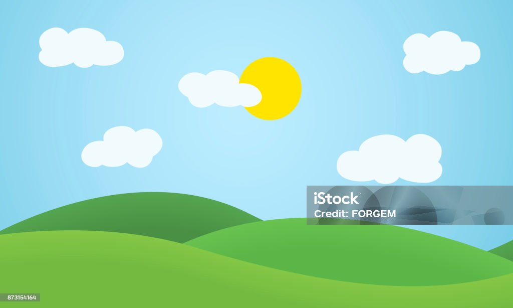 Flat design grass landscape with hills, clouds and glowing sun under blue sky - vector Hill stock vector