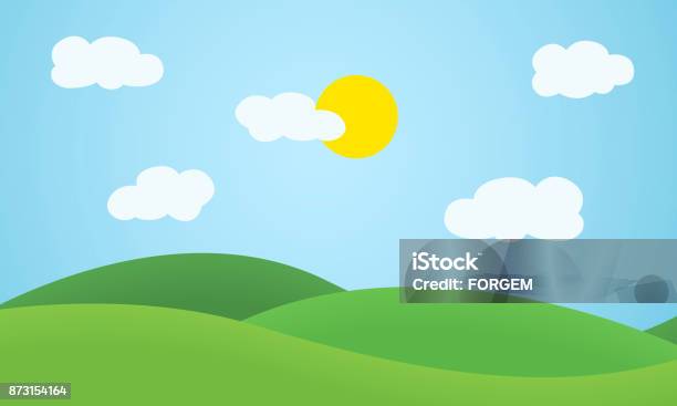 Flat Design Grass Landscape With Hills Clouds And Glowing Sun Under Blue Sky Vector Stock Illustration - Download Image Now