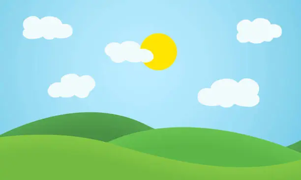 Vector illustration of Flat design grass landscape with hills, clouds and glowing sun under blue sky - vector