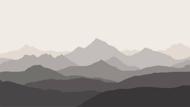 panoramic view of the mountain landscape with fog in the valley below with the alpenglow blue-grey sky and rising sun - vector panoramic view of the mountain landscape with fog in the valley below with the alpenglow blue-grey sky and rising sun - vector mountain layers stock illustrations