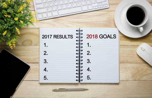 istock goals and results concept, empty note book and copy space for success or vision words on wood table with glass of coffee and SEO objects 873165484