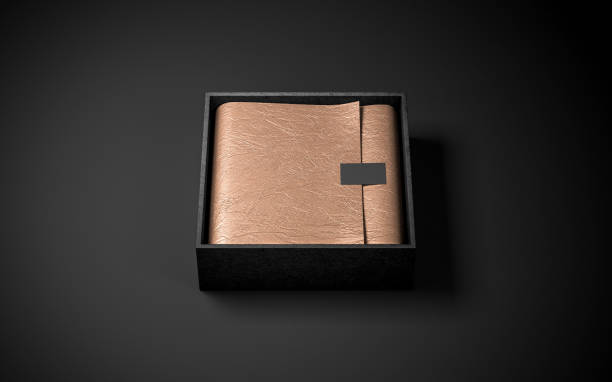 istock Opened Square Black Box Mockup with golden wrapping paper with sticker label 873165558