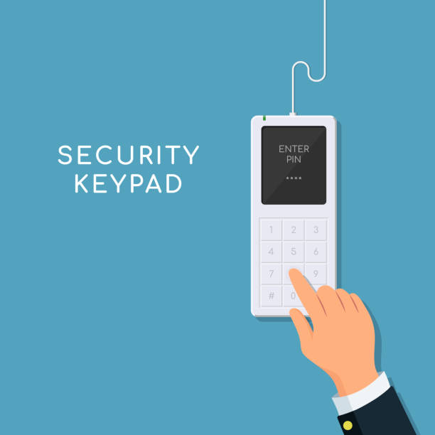 Human hand presses on the button, entering security system code. Entering PIN code on keypad. Human hand presses on the button, entering security system code. Entering PIN code on keypad. Vector illustration in flat style. safe dial icon stock illustrations
