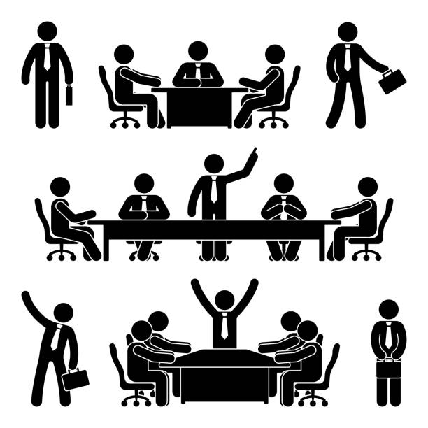 ilustraciones, imágenes clip art, dibujos animados e iconos de stock de figura del palillo de la reunión de negocios conjunto. icono de pictograma de finanzas gráfico persona. discusión marketing de solución empleado - symbol financial occupation seminar computer icon