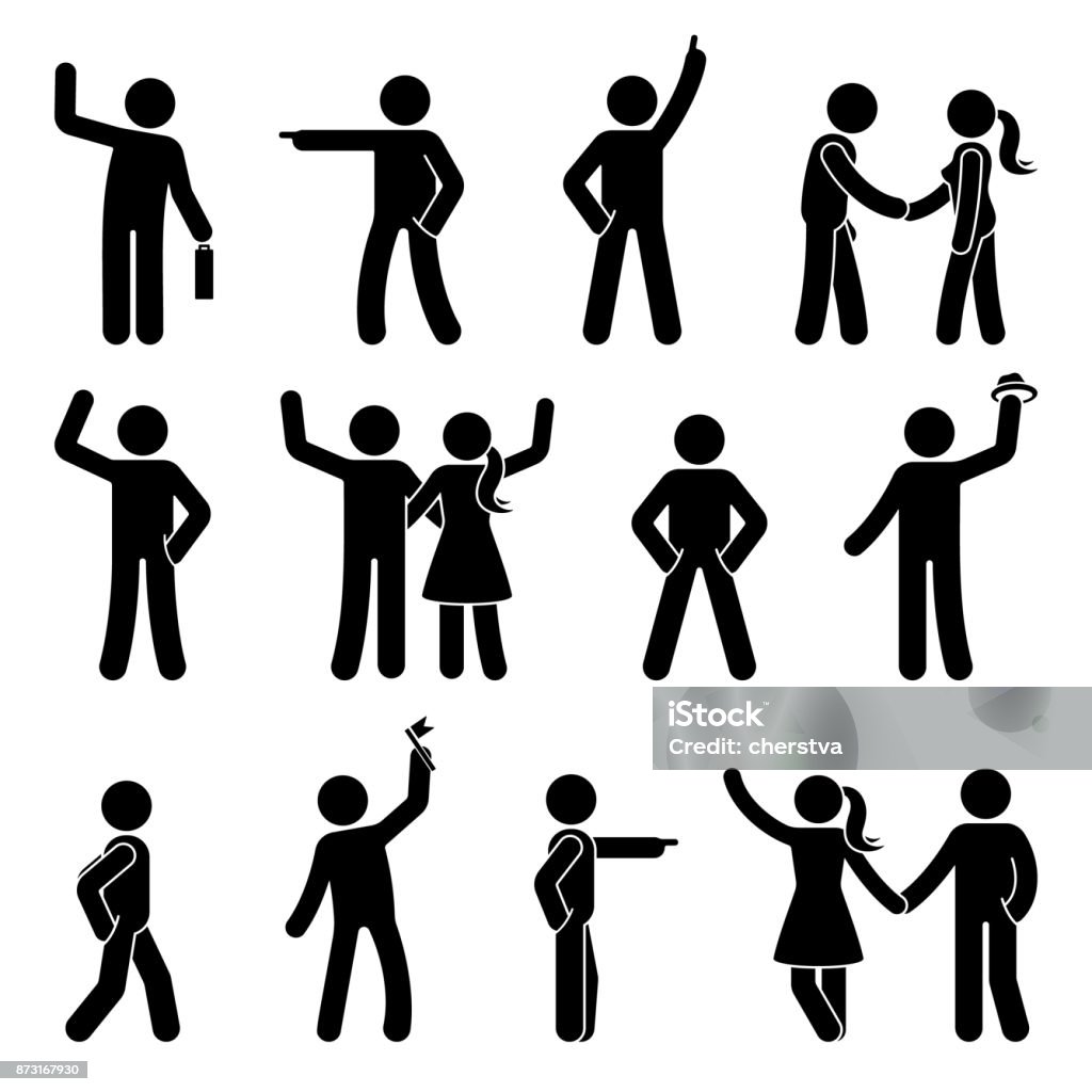 Stick figure different arms position set. Pointing finger, hands in pockets, waving person icon posture symbol sign pictogram on white Icon Symbol stock vector