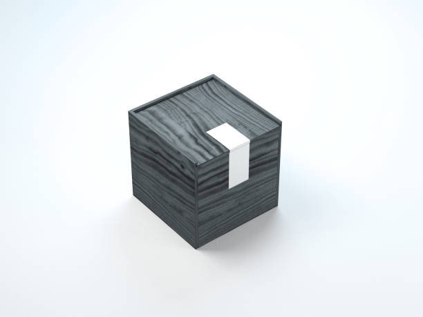 istock Square Black wooden box mockup with silver sticker on white background 873168472