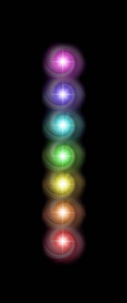 Just a single column of the Seven Spinning Major Chakras Magenta, indigo, blue, green, yellow, orange and red spiralling vortexes of energy in a neat vertical row on a rich black background chakra photos stock pictures, royalty-free photos & images