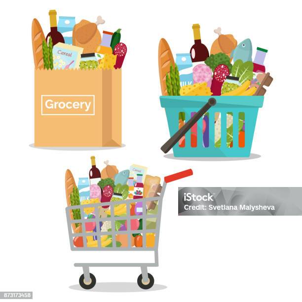Ilustración de Papel Bolsa Con Comestibles Paquete De Papel Lleno De Productos Frescos Del Supermercado Cesta De La Compra Y Carro Con Abarrotes y más Vectores Libres de Derechos de Supermercado