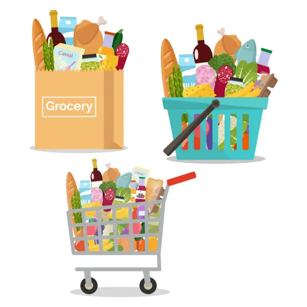 Vector illustration of Paper bag with grocery. Paper package full of fresh products from grocery store. Shopping basket and cart with grocery