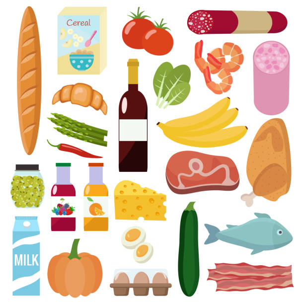 ilustraciones, imágenes clip art, dibujos animados e iconos de stock de conjunto de comestibles. pan, pollo, carne, frutas, verduras, huevos, vino, jugo. - 2605