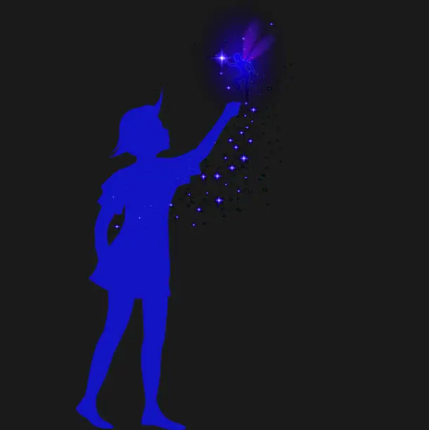 Vector illustration of peter pan silhouette with fairy and blue sparckle,