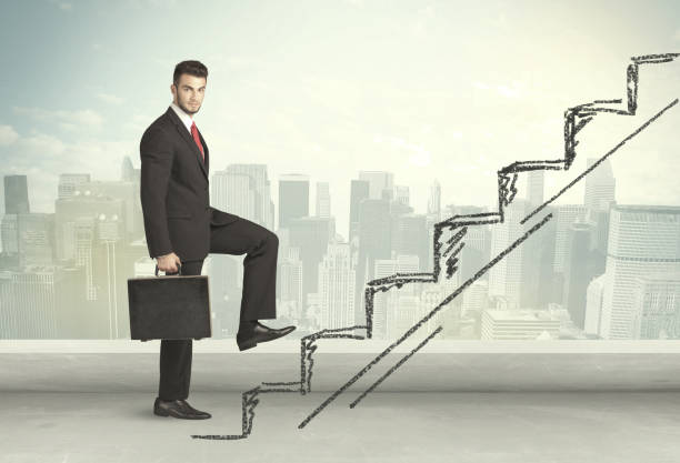 istock Business man climbing up on hand drawn staircase concept 873181246