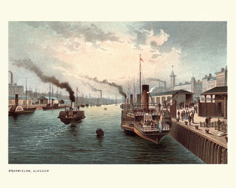 Vintage colour engraving of Paddle steamers on the River Clyde, Broomielaw, Glasgow, 19th Century