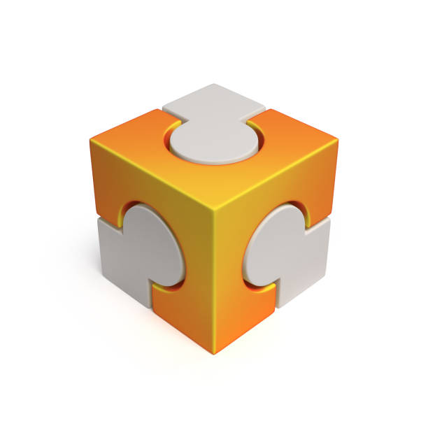Orange cubical jigsaw icon 3d rendering isolated illustration on white background